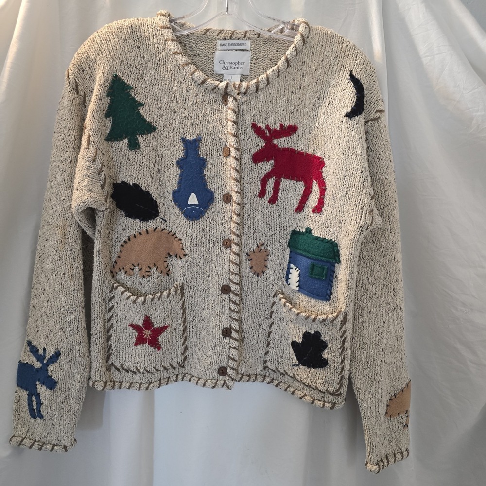 Vtg Christopher &Banks Hand Embroidered Cardigan Moose Bear Fish Woodland S NWT* - Picture 2 of 15